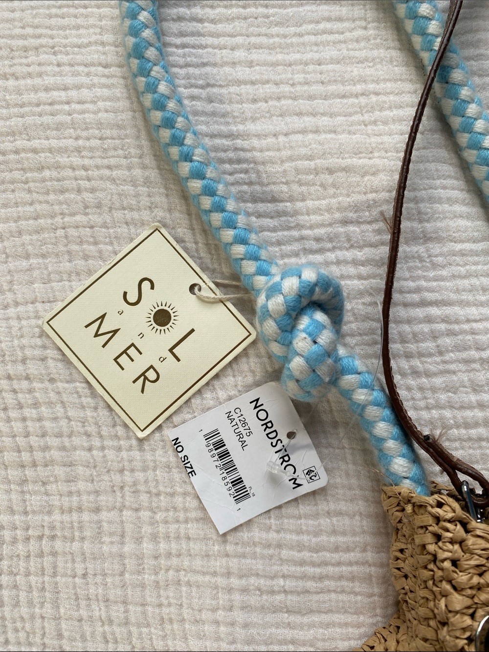 Woven Raffia Drawstring Crossbody Bag with Blue Rope Handle - Picture 2 of 8
